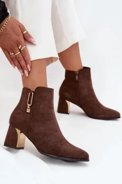 Boto Botki Damskie Na Słupku Ze Złotymi Detalami Brązowe Kalivra