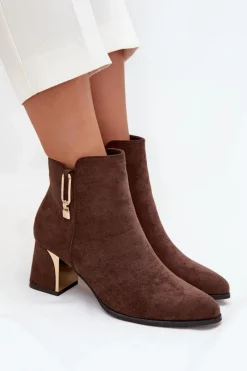 Boto Botki Damskie Na Słupku Ze Złotymi Detalami Brązowe Kalivra