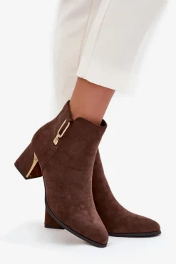 Boto Botki Damskie Na Słupku Ze Złotymi Detalami Brązowe Kalivra
