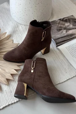 Boto Botki Damskie Na Słupku Ze Złotymi Detalami Brązowe Kalivra