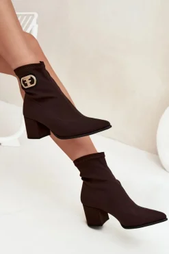 Discount Botki Damskie Na Słupku Ze Złotym Detalem 3128 Czekoladowe Damskie Botki Na Słupku|Brązowe I Beżowe Botki