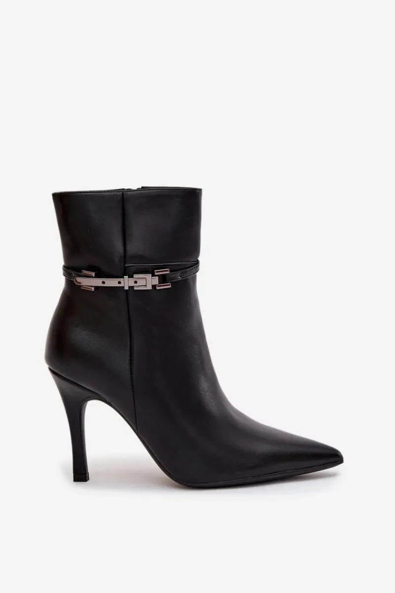 Botki Ocieplane|Botki Na Obcasie>Boto Botki Damskie Na Szpilce Z Paskiem I Srebrnym Elementem Ocieplane Czarne Bellisse Czarny