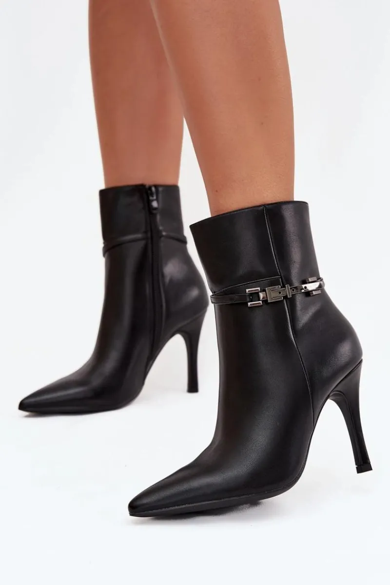 Botki Ocieplane|Botki Na Obcasie>Boto Botki Damskie Na Szpilce Z Paskiem I Srebrnym Elementem Ocieplane Czarne Bellisse Czarny