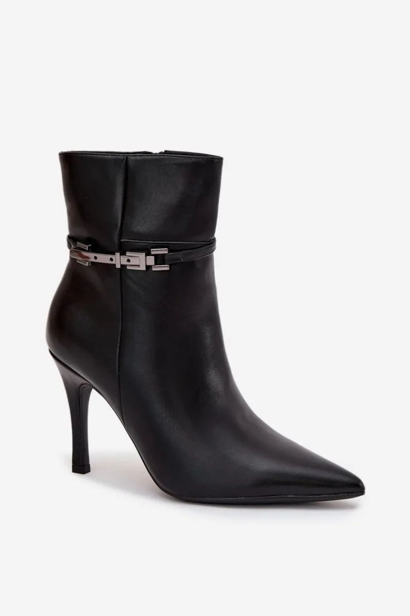 Botki Ocieplane|Botki Na Obcasie>Boto Botki Damskie Na Szpilce Z Paskiem I Srebrnym Elementem Ocieplane Czarne Bellisse Czarny