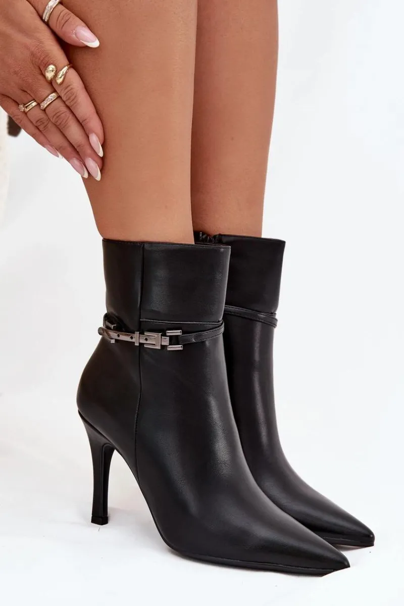 Botki Ocieplane|Botki Na Obcasie>Boto Botki Damskie Na Szpilce Z Paskiem I Srebrnym Elementem Ocieplane Czarne Bellisse Czarny