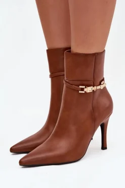 Botki Damskie Na Szpilce Z Paskiem I Złotym Elementem Ocieplane Camel Bellisse Damskie Botki Ocieplane|Botki Na Obcasie
