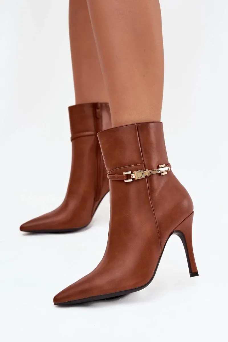 Botki Damskie Na Szpilce Z Paskiem I Złotym Elementem Ocieplane Camel Bellisse Damskie Botki Ocieplane|Botki Na Obcasie