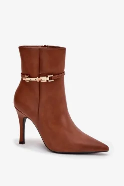 Botki Damskie Na Szpilce Z Paskiem I Złotym Elementem Ocieplane Camel Bellisse Damskie Botki Ocieplane|Botki Na Obcasie