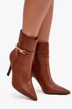 Botki Damskie Na Szpilce Z Paskiem I Złotym Elementem Ocieplane Camel Bellisse Damskie Botki Ocieplane|Botki Na Obcasie