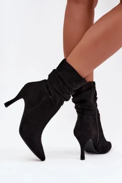 Sale Botki Damskie Na Szpilce Z Marszczoną Cholewką Eko Zamszowe Zamek Czarne Ulisse Damskie Botki Na Obcasie