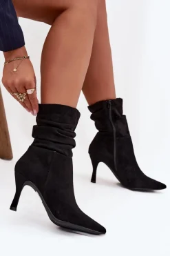 Sale Botki Damskie Na Szpilce Z Marszczoną Cholewką Eko Zamszowe Zamek Czarne Ulisse Damskie Botki Na Obcasie