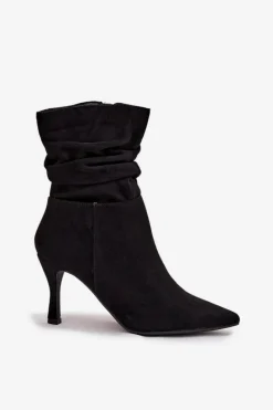Sale Botki Damskie Na Szpilce Z Marszczoną Cholewką Eko Zamszowe Zamek Czarne Ulisse Damskie Botki Na Obcasie