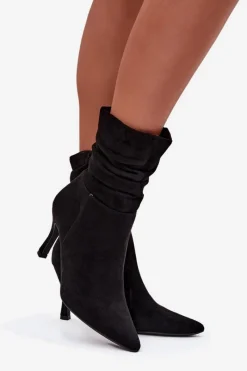 Sale Botki Damskie Na Szpilce Z Marszczoną Cholewką Eko Zamszowe Zamek Czarne Ulisse Damskie Botki Na Obcasie