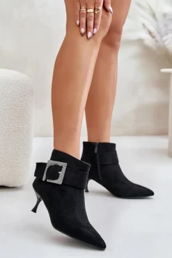 New Botki Damskie Na Szpilce Z Ozdobną Klamrą Czarne Nirilis Damskie Botki Na Obcasie|Botki Zamszowe