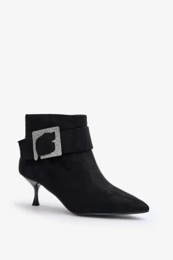 New Botki Damskie Na Szpilce Z Ozdobną Klamrą Czarne Nirilis Damskie Botki Na Obcasie|Botki Zamszowe