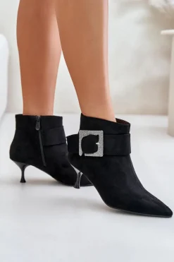 New Botki Damskie Na Szpilce Z Ozdobną Klamrą Czarne Nirilis Damskie Botki Na Obcasie|Botki Zamszowe