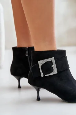 New Botki Damskie Na Szpilce Z Ozdobną Klamrą Czarne Nirilis Damskie Botki Na Obcasie|Botki Zamszowe