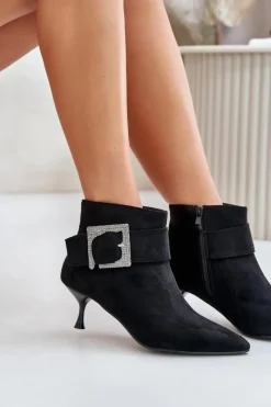 New Botki Damskie Na Szpilce Z Ozdobną Klamrą Czarne Nirilis Damskie Botki Na Obcasie|Botki Zamszowe