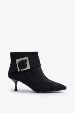 New Botki Damskie Na Szpilce Z Ozdobną Klamrą Czarne Nirilis Damskie Botki Na Obcasie|Botki Zamszowe