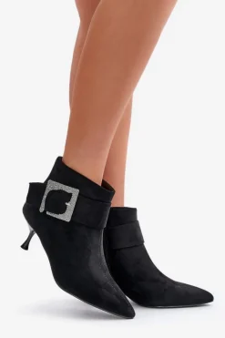 New Botki Damskie Na Szpilce Z Ozdobną Klamrą Czarne Nirilis Damskie Botki Na Obcasie|Botki Zamszowe