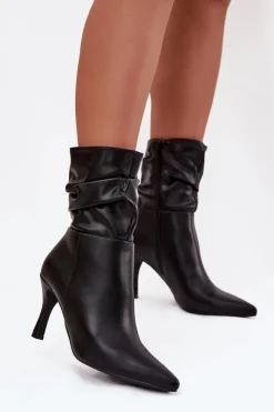 Discount Boto Botki Damskie Na Szpilce Z Marszczoną Cholewką Zamek Czarne Ulisse