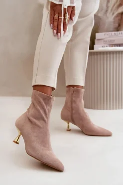 Outlet Botki Damskie Na Szpilce Eko Zamszowe Z Noskami W Szpic Beżowe Irithare Damskie Botki Na Obcasie|Botki Zamszowe