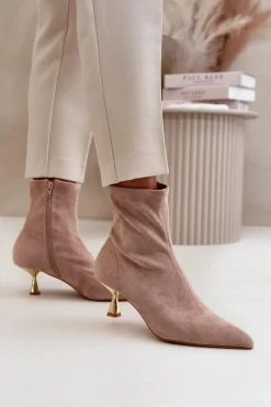 Outlet Botki Damskie Na Szpilce Eko Zamszowe Z Noskami W Szpic Beżowe Irithare Damskie Botki Na Obcasie|Botki Zamszowe