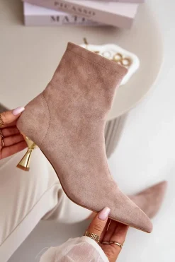 Outlet Botki Damskie Na Szpilce Eko Zamszowe Z Noskami W Szpic Beżowe Irithare Damskie Botki Na Obcasie|Botki Zamszowe