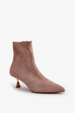 Outlet Botki Damskie Na Szpilce Eko Zamszowe Z Noskami W Szpic Beżowe Irithare Damskie Botki Na Obcasie|Botki Zamszowe