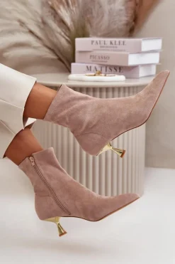 Outlet Botki Damskie Na Szpilce Eko Zamszowe Z Noskami W Szpic Beżowe Irithare Damskie Botki Na Obcasie|Botki Zamszowe