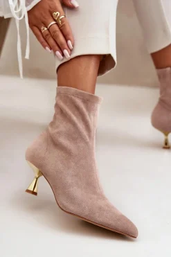 Outlet Botki Damskie Na Szpilce Eko Zamszowe Z Noskami W Szpic Beżowe Irithare Damskie Botki Na Obcasie|Botki Zamszowe