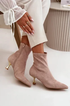 Outlet Botki Damskie Na Szpilce Eko Zamszowe Z Noskami W Szpic Beżowe Irithare Damskie Botki Na Obcasie|Botki Zamszowe