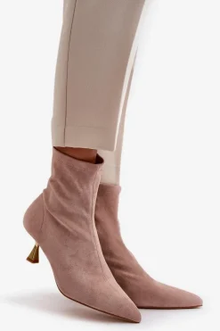 Outlet Botki Damskie Na Szpilce Eko Zamszowe Z Noskami W Szpic Beżowe Irithare Damskie Botki Na Obcasie|Botki Zamszowe