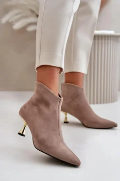 Botki Na Obcasie|Botki Zamszowe>Boto Botki Damskie Na Szpilce Eko Zamszowe Ciemnobeżowe Terlena