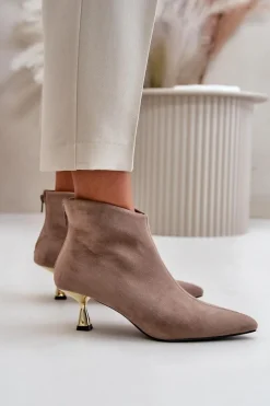 Botki Na Obcasie|Botki Zamszowe>Boto Botki Damskie Na Szpilce Eko Zamszowe Ciemnobeżowe Terlena