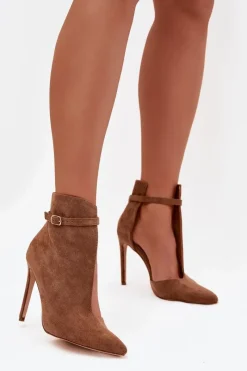 Online Botki Damskie Na Szpilce Z Eko Zamszu Ciemnobeżowe Amalundi Damskie Botki Na Obcasie|Botki Zamszowe