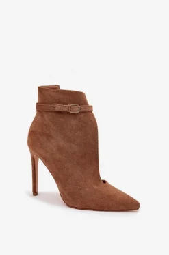 Online Botki Damskie Na Szpilce Z Eko Zamszu Ciemnobeżowe Amalundi Damskie Botki Na Obcasie|Botki Zamszowe