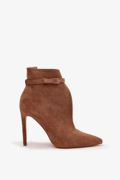 Online Botki Damskie Na Szpilce Z Eko Zamszu Ciemnobeżowe Amalundi Damskie Botki Na Obcasie|Botki Zamszowe