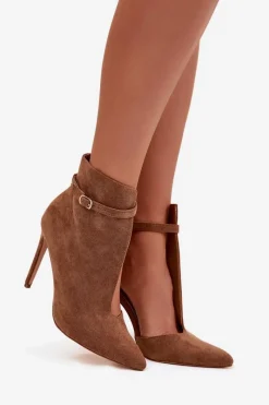 Online Botki Damskie Na Szpilce Z Eko Zamszu Ciemnobeżowe Amalundi Damskie Botki Na Obcasie|Botki Zamszowe