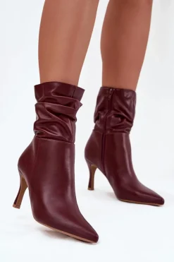 Online Botki Damskie Na Szpilce Z Marszczoną Cholewką Zamek Bordowe Ulisse Damskie Botki Na Obcasie
