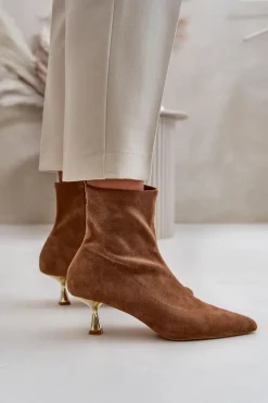 Clearance Boto Botki Damskie Na Szpilce Eko Zamszowe Z Noskami W Szpic Camel Irithare