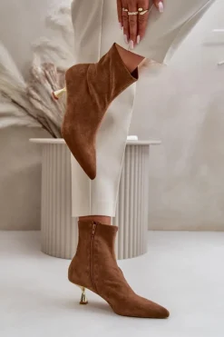 Clearance Boto Botki Damskie Na Szpilce Eko Zamszowe Z Noskami W Szpic Camel Irithare