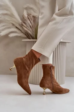 Clearance Boto Botki Damskie Na Szpilce Eko Zamszowe Z Noskami W Szpic Camel Irithare