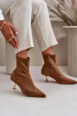 Clearance Boto Botki Damskie Na Szpilce Eko Zamszowe Z Noskami W Szpic Camel Irithare