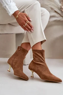 Clearance Boto Botki Damskie Na Szpilce Eko Zamszowe Z Noskami W Szpic Camel Irithare