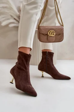 Clearance Boto Botki Damskie Na Szpilce Eko Zamszowe Z Noskami W Szpic Brązowe Irithare