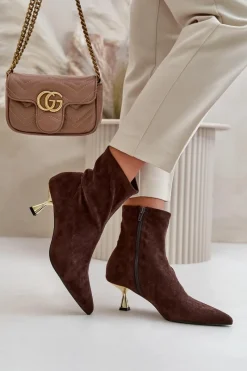 Clearance Boto Botki Damskie Na Szpilce Eko Zamszowe Z Noskami W Szpic Brązowe Irithare