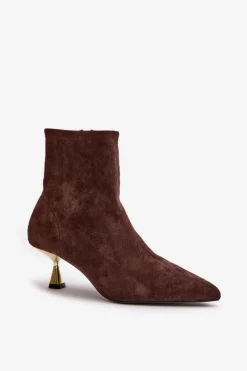 Clearance Boto Botki Damskie Na Szpilce Eko Zamszowe Z Noskami W Szpic Brązowe Irithare