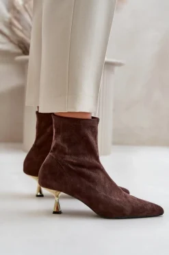 Clearance Boto Botki Damskie Na Szpilce Eko Zamszowe Z Noskami W Szpic Brązowe Irithare