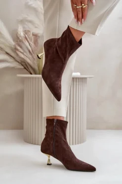 Clearance Boto Botki Damskie Na Szpilce Eko Zamszowe Z Noskami W Szpic Brązowe Irithare